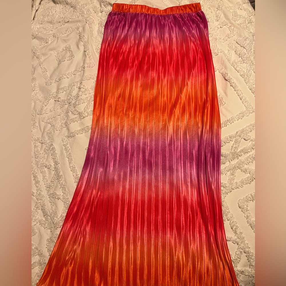Red and Orange Pleated Maxi Skirt Resort Wear